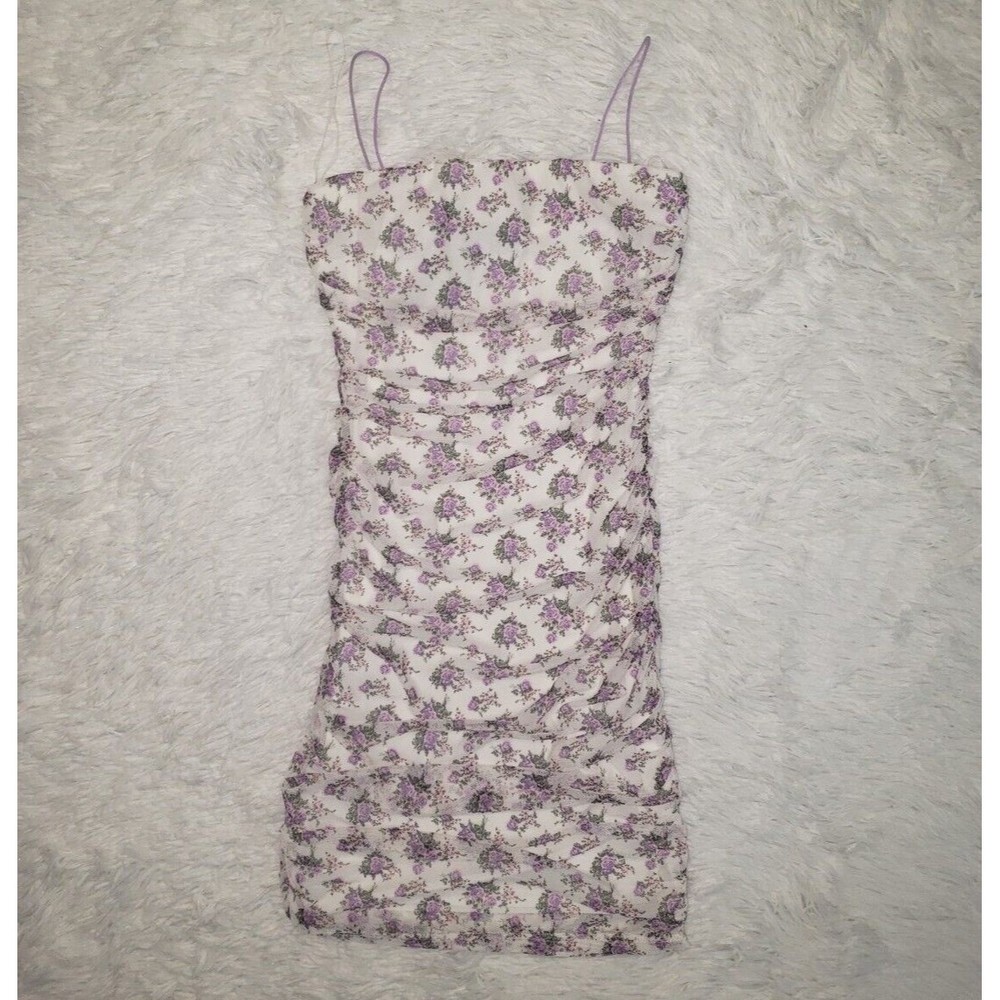NWT Emprada Sz S Mini Dress White Purple Floral Bodycon Ruched Spaghetti Straps